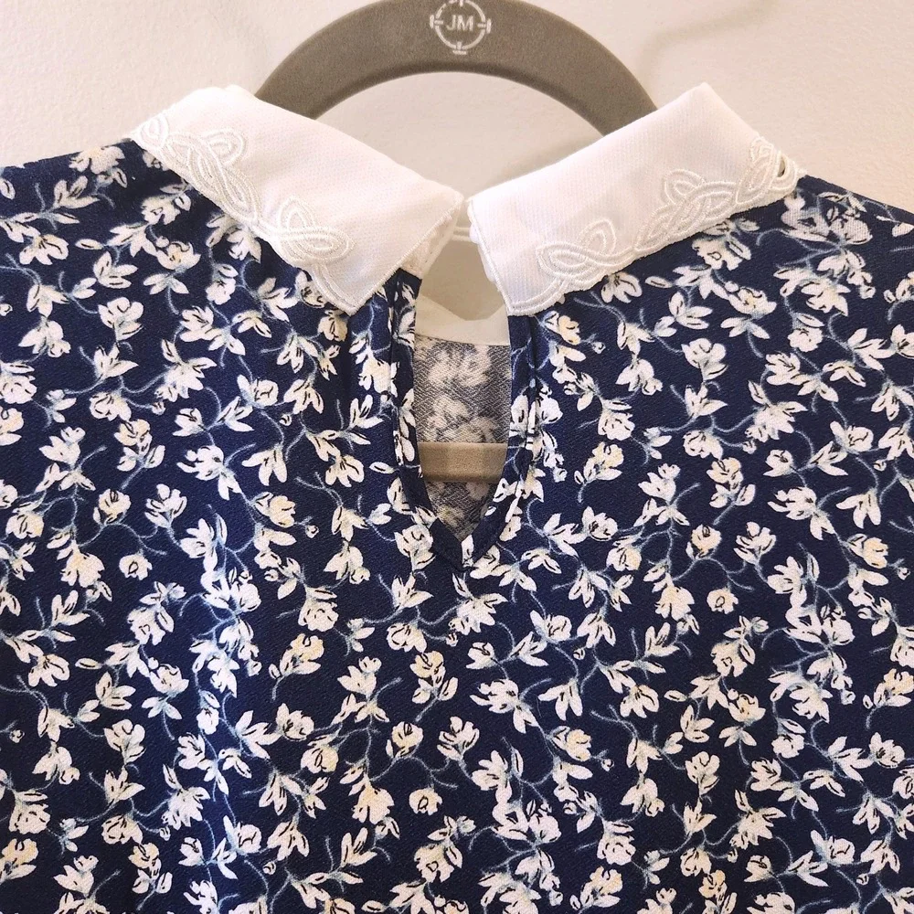 Cottagecore Floral Dress Misia  Vintage Style Preppy Short Sleeve Stretch Navy M